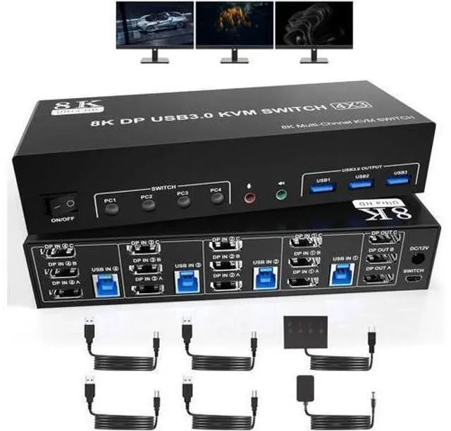 Main image of 4-Port DP1.4 Triple Monitor USB3.0 KVM Switch, 8K@60Hz, Audio & Mic, 3 USB3.0 Ports, Black Manual Switch for 4 PCs 3 Displays