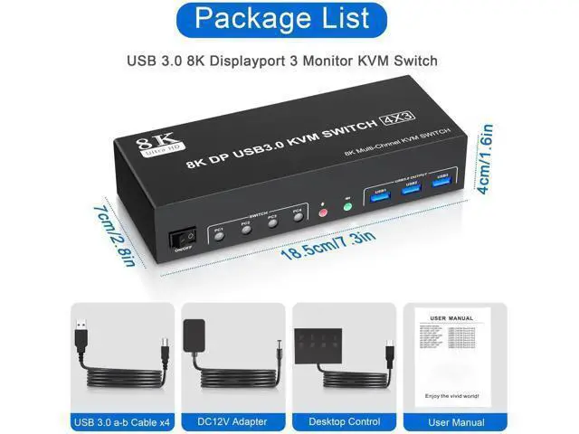 Alt view image 4 of 7 - 4-Port DP1.4 Triple Monitor USB3.0 KVM Switch, 8K@60Hz, Audio & Mic, 3 USB3.0 Ports, Black Manual Switch for 4 PCs 3 Displays