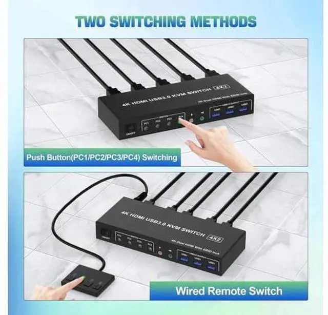 Alt view image 4 of 7 - 4-Port Dual HDMI USB3.0 KVM Switch, 4-In-2-Out 4K@60Hz, EDID, Audio/Mic & 3 USB3.0 for 4 PCs Share 2 Monitors