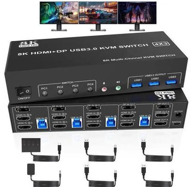Main image of 4-Port Triple Monitor KVM Switch (2×HDMI2.1+DP1.4), 8K@60Hz, USB3.0 with Audio & Mic, 4 PCs Share 3 Displays