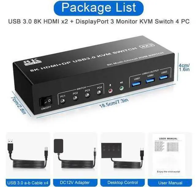 Alt view image 6 of 7 - 4-Port Triple Monitor KVM Switch (2×HDMI2.1+DP1.4), 8K@60Hz, USB3.0 with Audio & Mic, 4 PCs Share 3 Displays