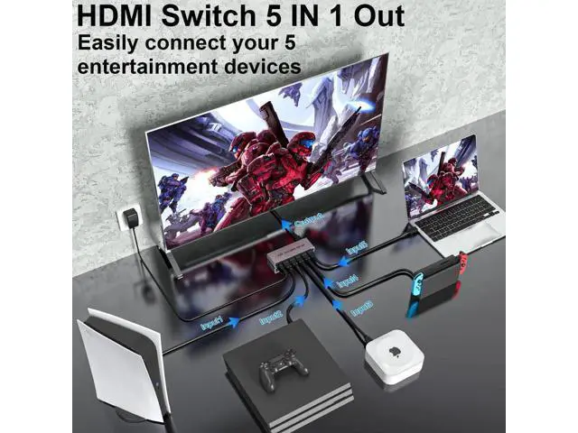 Alt view image 4 of 7 - 5 in 1 Out 4K@60Hz HDMI Switch with IR Remote, 5 Port HDMI Selector Switcher Supports HDR, 3D, CEC, HDCP2.2, Compatible with PS5/PS4/PS3, Xbox, Switch, Roku & Smart TV