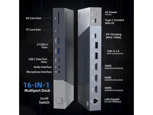 Alt view image 3 of 7 - 15-in-1 DisplayLink USB C Docking Station Triple HDMI for M1/M2/M3 MacBook, 100W PD Charging Dock with RJ45 Ethernet, Dual USB-A, Dual Type-C, SD TF Reader, 3.5mm Audio Mic Port, Multi Monitor Laptop