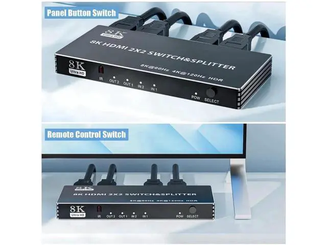Alt view image 3 of 7 - 2x2 HDMI 2.1 Matrix Switch with IR Remote Control, 2 In 2 Out 8K@60Hz 4K@120Hz Video Splitter Converter HDCP2.3 HDR10 HDR10+ 3D