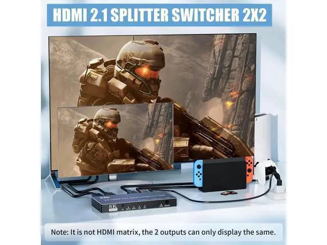 Alt view image 6 of 7 - 2x2 HDMI 2.1 Matrix Switch with IR Remote Control, 2 In 2 Out 8K@60Hz 4K@120Hz Video Splitter Converter HDCP2.3 HDR10 HDR10+ 3D