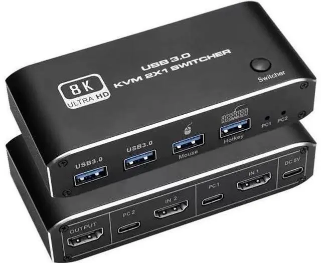 Main image of 2x1 HDMI 2.1 8K KVM Switch with 4 USB 3.0 Ports, 2 PCs Share 1 Monitor, Support 8K@60Hz, 4K@120Hz, YUV 4:4:4, HDCP 2.3, HDR10, Hotkey Control, Dark Shell