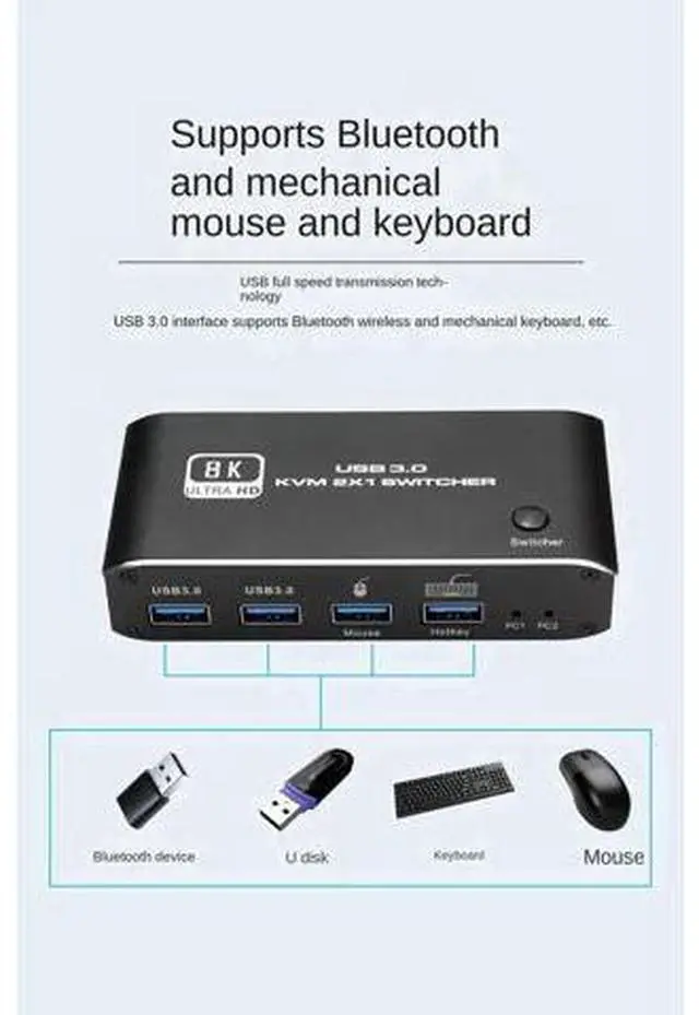 Alt view image 2 of 7 - 2x1 HDMI 2.1 8K KVM Switch with 4 USB 3.0 Ports, 2 PCs Share 1 Monitor, Support 8K@60Hz, 4K@120Hz, YUV 4:4:4, HDCP 2.3, HDR10, Hotkey Control, Dark Shell