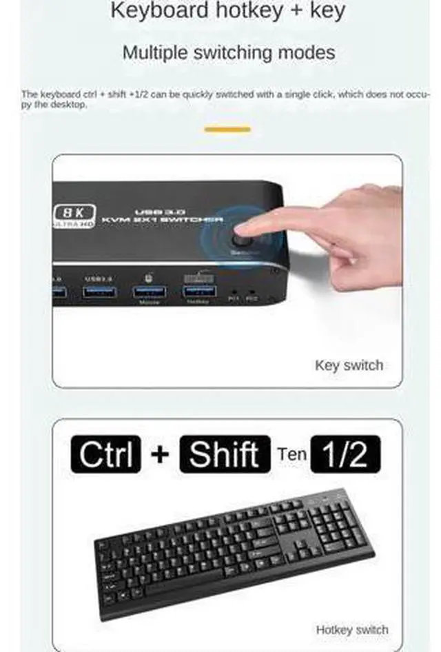 Alt view image 7 of 7 - 2x1 HDMI 2.1 8K KVM Switch with 4 USB 3.0 Ports, 2 PCs Share 1 Monitor, Support 8K@60Hz, 4K@120Hz, YUV 4:4:4, HDCP 2.3, HDR10, Hotkey Control, Dark Shell