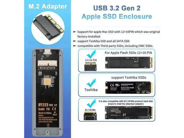 Alt view image 4 of 7 - USB C 3.2 SSD Enclosure for 12+16 Pin 20132017 Mac Original SSD, Aluminum External Adapter for MacBook Air/Pro Retina, Mac Pro & iMac, Convert Old Apple AHCI Flash SSD to Portable Drive