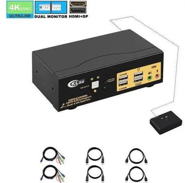Main image of CKLau 2-Port Dual Monitor KVM Switch (HDMI + DP), 4K@60Hz, Audio, USB 2.0 Hub & Cables, HDMI 2.0 / HDCP 2.2 / HDR10 Supported