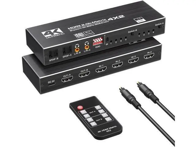 Main image of 4x2 HDMI 2.0b Matrix Switch 4K@60Hz 18.5Gbps, 4-In-2-Out Video Splitter with Optical L/R Audio, IR Remote, HDCP 2.2 & 3D Support