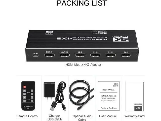 Alt view image 3 of 7 - 4x2 HDMI 2.0b Matrix Switch 4K@60Hz 18.5Gbps, 4-In-2-Out Video Splitter with Optical L/R Audio, IR Remote, HDCP 2.2 & 3D Support
