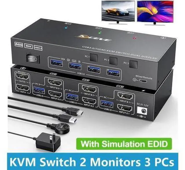 Main image of 3 In 2 Out Dual Monitor HDMI KVM Switch 4K@60Hz 2K@144Hz USB 3.0, Built-in EDID Simulation, 4 USB 3.0 Ports for 3 PCs Share Dual Monitors, Keyboard, Mouse & Printer