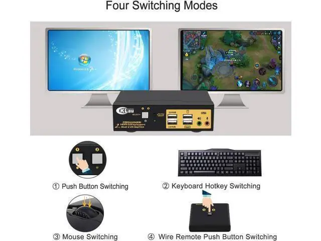 Alt view image 4 of 7 - CKLau 2-Port Dual Monitor KVM Switch (HDMI + DP), 4K@60Hz, Audio, USB 2.0 Hub & Cables, HDMI 2.0 / HDCP 2.2 / HDR10 Supported