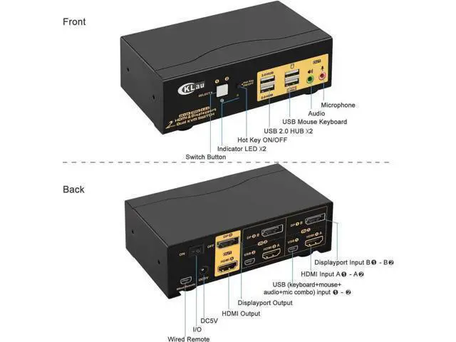 Alt view image 7 of 7 - CKLau 2-Port Dual Monitor KVM Switch (HDMI + DP), 4K@60Hz, Audio, USB 2.0 Hub & Cables, HDMI 2.0 / HDCP 2.2 / HDR10 Supported