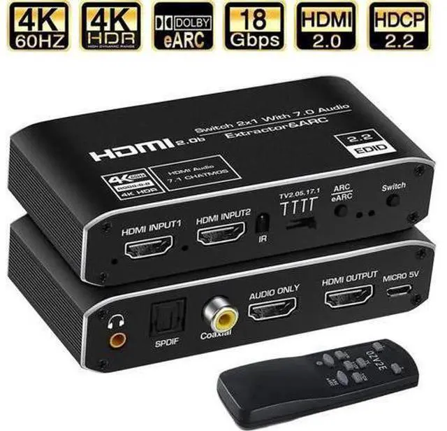 Main image of 2 in 1 Out HDMI 2.0b Switch with Audio Extractor, 4K@60Hz HDR 2x1 HDMI Switcher Splitter with Optical SPDIF, Coaxial & 3.5mm Audio Output, HDCP 2.3 IR Remote Control
