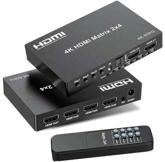 Main image of 2x4 HDMI Matrix Switch 4K@60Hz HDR, HDMI 2.0 18Gbps 2 Input 4 Output Video Splitter with Optical SPDIF & 3.5mm Audio Extractor, HDCP 2.2 IR Remote, for PS5, Nintendo Switch, Fire Stick, Xbox, PC, Blu-