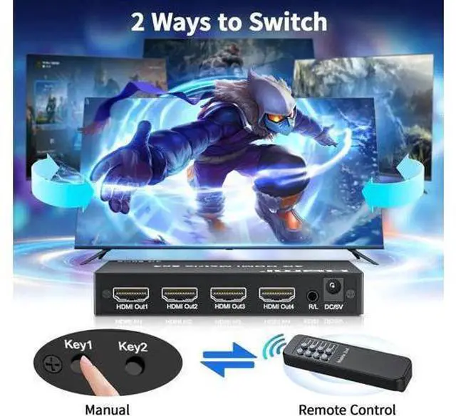 Alt view image 3 of 7 - 2x4 HDMI Matrix Switch 4K@60Hz HDR, HDMI 2.0 18Gbps 2 Input 4 Output Video Splitter with Optical SPDIF & 3.5mm Audio Extractor, HDCP 2.2 IR Remote, for PS5, Nintendo Switch, Fire Stick, Xbox, PC, Blu-