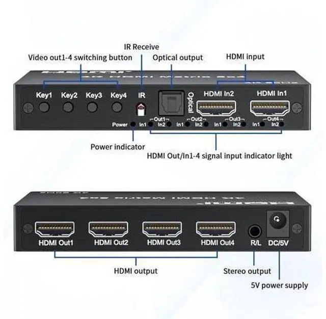Alt view image 5 of 7 - 2x4 HDMI Matrix Switch 4K@60Hz HDR, HDMI 2.0 18Gbps 2 Input 4 Output Video Splitter with Optical SPDIF & 3.5mm Audio Extractor, HDCP 2.2 IR Remote, for PS5, Nintendo Switch, Fire Stick, Xbox, PC, Blu-