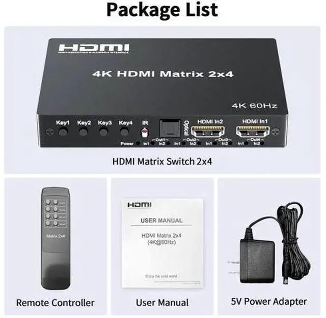 Alt view image 4 of 7 - 2x4 HDMI Matrix Switch 4K@60Hz HDR, HDMI 2.0 18Gbps 2 Input 4 Output Video Splitter with Optical SPDIF & 3.5mm Audio Extractor, HDCP 2.2 IR Remote, for PS5, Nintendo Switch, Fire Stick, Xbox, PC, Blu-