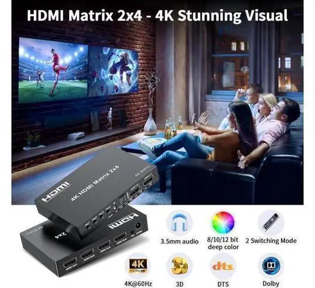 Alt view image 7 of 7 - 2x4 HDMI Matrix Switch 4K@60Hz HDR, HDMI 2.0 18Gbps 2 Input 4 Output Video Splitter with Optical SPDIF & 3.5mm Audio Extractor, HDCP 2.2 IR Remote, for PS5, Nintendo Switch, Fire Stick, Xbox, PC, Blu-