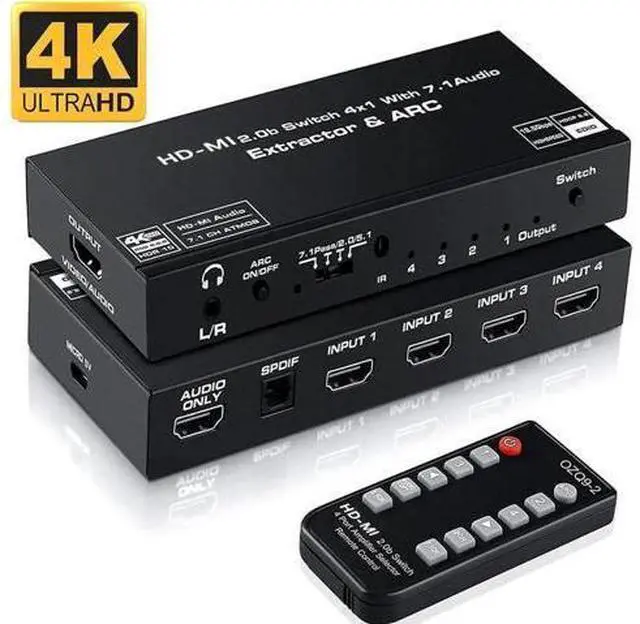 Main image of 4 in 1 Out HDMI 2.0 Switch with Audio Extractor 4K@60Hz SPDIF TOSLINK + RCA Analog Audio Output HD Video Converter Splitter Support 5.1 Surround Sound for Game Consoles STB DVD Player