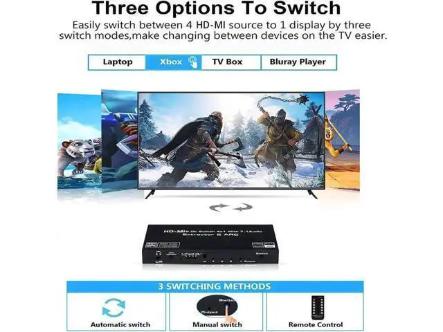 Alt view image 4 of 7 - 4 in 1 Out HDMI 2.0 Switch with Audio Extractor 4K@60Hz SPDIF TOSLINK + RCA Analog Audio Output HD Video Converter Splitter Support 5.1 Surround Sound for Game Consoles STB DVD Player