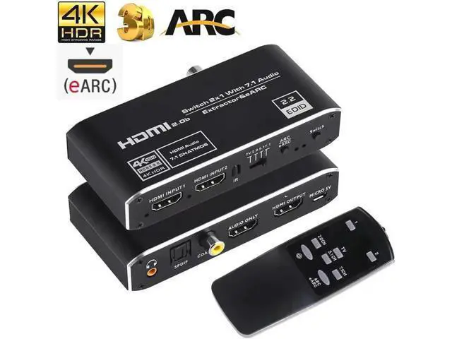 Main image of 2 in 1 Out Aluminum HDMI Switch Audio Extractor, 4K@60Hz HDMI 2x1 Switcher with 3.5mm AUX, Coaxial & Optical SPDIF Toslink, Support HDR, 3D, HDCP 2.3, IR Remote Control