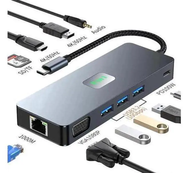 Main image of 11 in 1 USB C Triple Display Docking Station, Multiport Adapter with DP+HDMI+VGA, Gigabit Ethernet, 100W PD, 3×10Gbps USB3.2, SD TF Card Reader & Audio Jack for Type-C Laptops