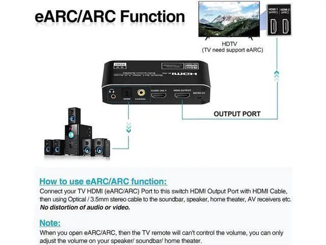 Alt view image 3 of 7 - 2 in 1 Out Aluminum HDMI Switch Audio Extractor, 4K@60Hz HDMI 2x1 Switcher with 3.5mm AUX, Coaxial & Optical SPDIF Toslink, Support HDR, 3D, HDCP 2.3, IR Remote Control