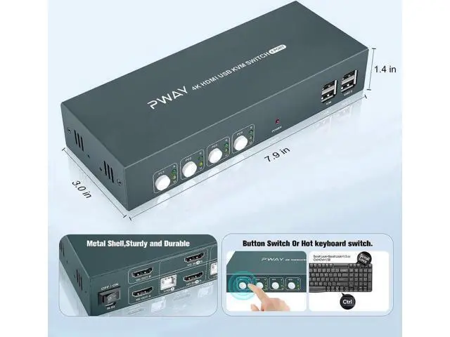 Alt view image 7 of 7 - 4 Port Dual Monitor HDMI KVM Switch 4K@30Hz, 4 Computers Share 2 Monitors with USB2.0 Hub, Hotkey Switch Support Extended Display