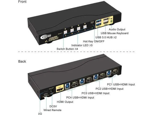 Alt view image 2 of 6 - 4-Port USB 3.0 HDMI KVM Switch 4K@60Hz with Cables, Dual USB3.0 Hubs & Audio, Compatible with Wireless Keyboard & Mouse