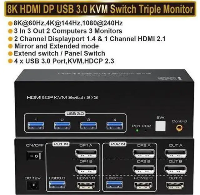 Main image of 2-Port Triple Monitor KVM Switch (2DP+1HDMI), 8K@60Hz / 4K@144Hz, 4 USB3.0 Ports