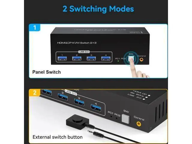 Alt view image 2 of 7 - 2-Port Triple Monitor KVM Switch (2DP+1HDMI), 8K@60Hz / 4K@144Hz, 4 USB3.0 Ports
