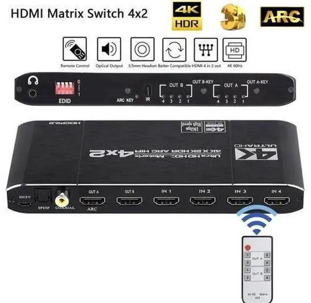 Main image of 4X2 HDMI 2.0 Matrix Switch 4K@60Hz HDR HDCP2.2 with EDID & Audio Extractor, SPDIF Coax + 3.5mm Stereo ARC HIFI Video Splitter