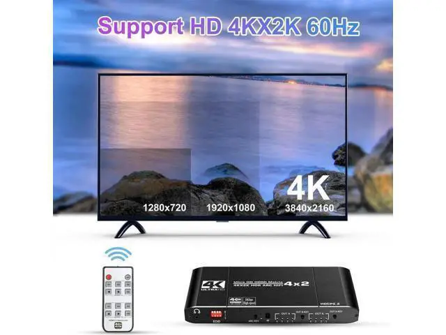 Alt view image 4 of 7 - 4X2 HDMI 2.0 Matrix Switch 4K@60Hz HDR HDCP2.2 with EDID & Audio Extractor, SPDIF Coax + 3.5mm Stereo ARC HIFI Video Splitter