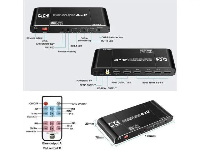 Alt view image 7 of 7 - 4X2 HDMI 2.0 Matrix Switch 4K@60Hz HDR HDCP2.2 with EDID & Audio Extractor, SPDIF Coax + 3.5mm Stereo ARC HIFI Video Splitter