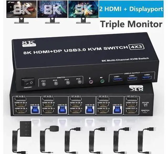 Main image of 4-Port Triple Monitor KVM Switch (2HDMI+1DP), 8K@60Hz & 4K@144Hz, Audio Port & 3 USB 3.0 Ports