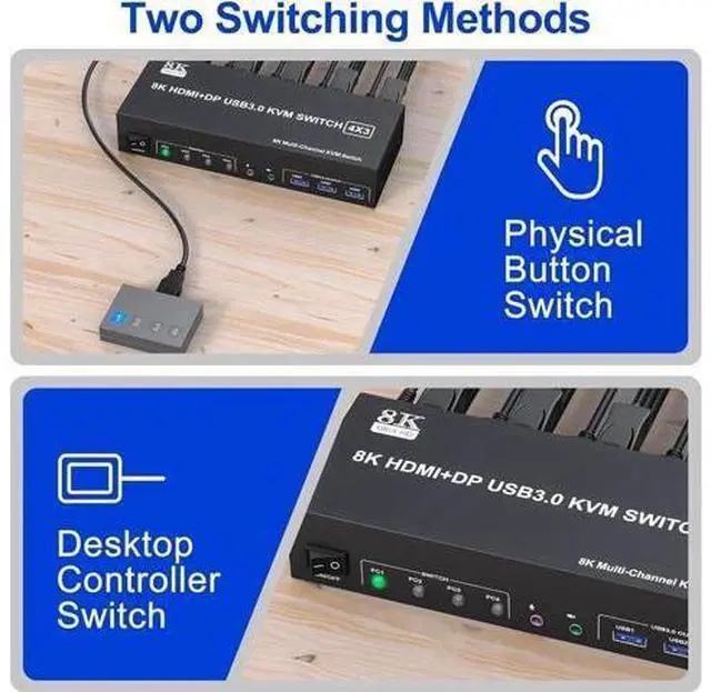 Alt view image 6 of 7 - 4-Port Triple Monitor KVM Switch (2HDMI+1DP), 8K@60Hz & 4K@144Hz, Audio Port & 3 USB 3.0 Ports