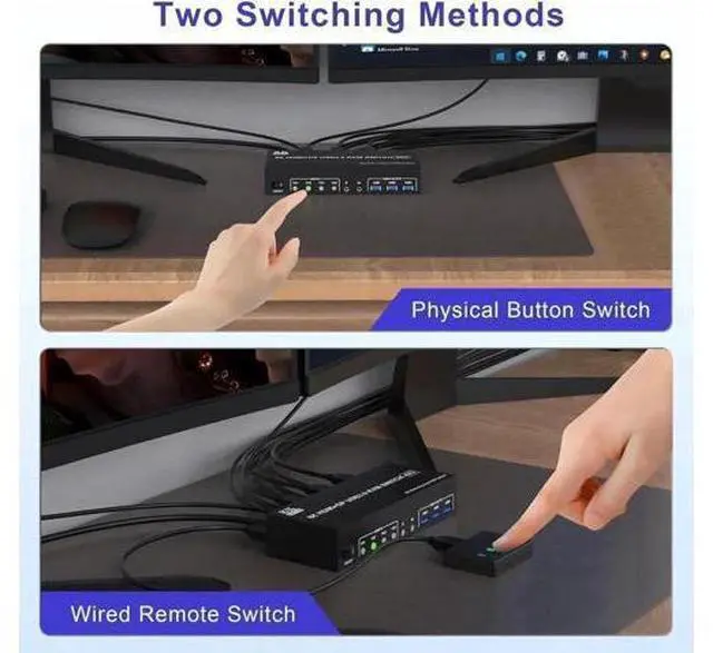 Alt view image 3 of 7 - 4-Port Triple Monitor KVM Switch (2DP+1HDMI), 8K@60Hz & 4K@144Hz, Audio + 3 USB3.0 for 4 PCs 3 Screens