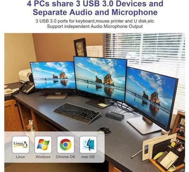 Alt view image 4 of 7 - 4-Port Triple Monitor KVM Switch (2DP+1HDMI), 8K@60Hz & 4K@144Hz, Audio + 3 USB3.0 for 4 PCs 3 Screens