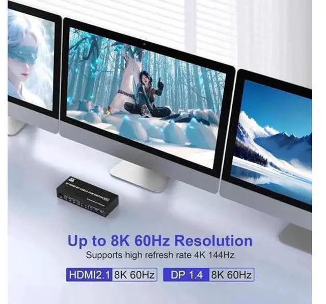 Alt view image 6 of 7 - 4-Port Triple Monitor KVM Switch (2DP+1HDMI), 8K@60Hz & 4K@144Hz, Audio + 3 USB3.0 for 4 PCs 3 Screens
