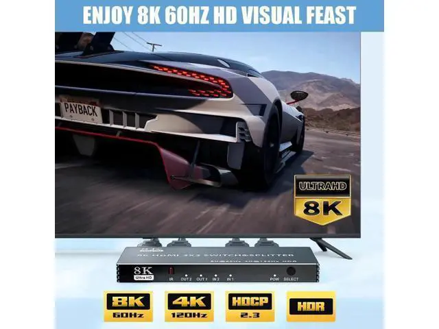 Alt view image 5 of 7 - 2x2 HDMI 2.1 Matrix Switch with IR Remote Control, 2 In 2 Out 8K@60Hz 4K@120Hz Video Splitter Converter HDCP2.3 HDR10 HDR10+ 3D