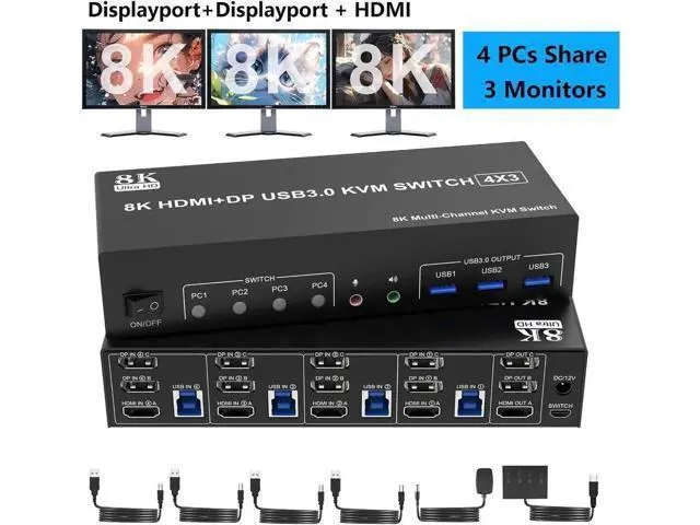 Main image of 4-Port Triple Monitor KVM Switch (2DP+1HDMI), 8K@60Hz / 4K@144Hz, Audio & 3 USB3.0 Ports