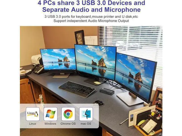 Alt view image 6 of 7 - 4-Port Triple Monitor KVM Switch (2DP+1HDMI), 8K@60Hz / 4K@144Hz, Audio & 3 USB3.0 Ports