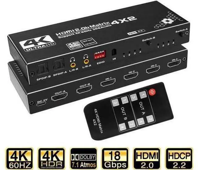 Main image of 4x2 HDMI Matrix Switch 4 in 2 Out with IR Remote Model OZJ1, Supports 4K, 1080P, 3D, RGB 8:8:8, Dolby Atmos, Dual SPDIF & Dual 3.5mm L/R Audio Outputs, Built-in EDID Management