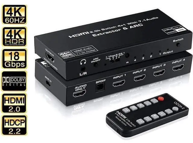 Main image of 4K@60Hz 4 in 1 Out HDMI Switch Audio Extractor with Optical SPDIF & 3.5mm AUX Output, ARC, HDCP 2.2, HDR10, RGB 8:8:8 7.1CH Dolby Atmos, Adjustable EDID Function