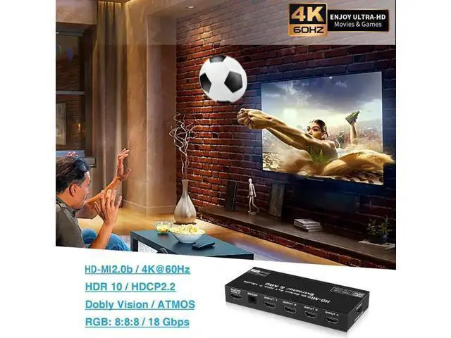 Alt view image 5 of 7 - 4K@60Hz 4 in 1 Out HDMI Switch Audio Extractor with Optical SPDIF & 3.5mm AUX Output, ARC, HDCP 2.2, HDR10, RGB 8:8:8 7.1CH Dolby Atmos, Adjustable EDID Function