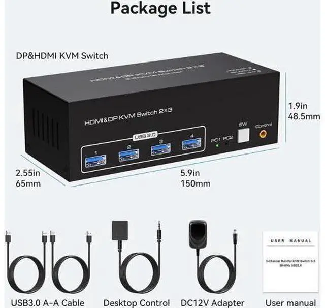 Alt view image 7 of 7 - 2-Port Triple Monitor KVM Switch (2DP+HDMI), 8K@60Hz & 4K@120Hz, USB3.0, Support Extended Display Mode