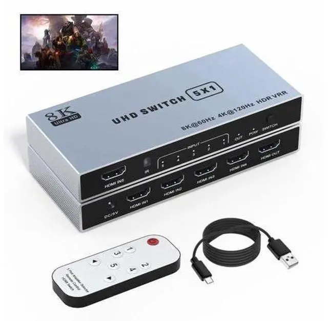 Main image of 5 in 1 Out 8K HDMI 2.1 Switch with IR Remote, 48Gbps High Speed HDMI Switcher Selector Supports 8K@60Hz, 4K@120Hz, HDR, HDCP 2.3, Dolby Vision for PS5/PS4/PS3, Xbox, DVD, Blu-ray Player, PC, UHD HDTV